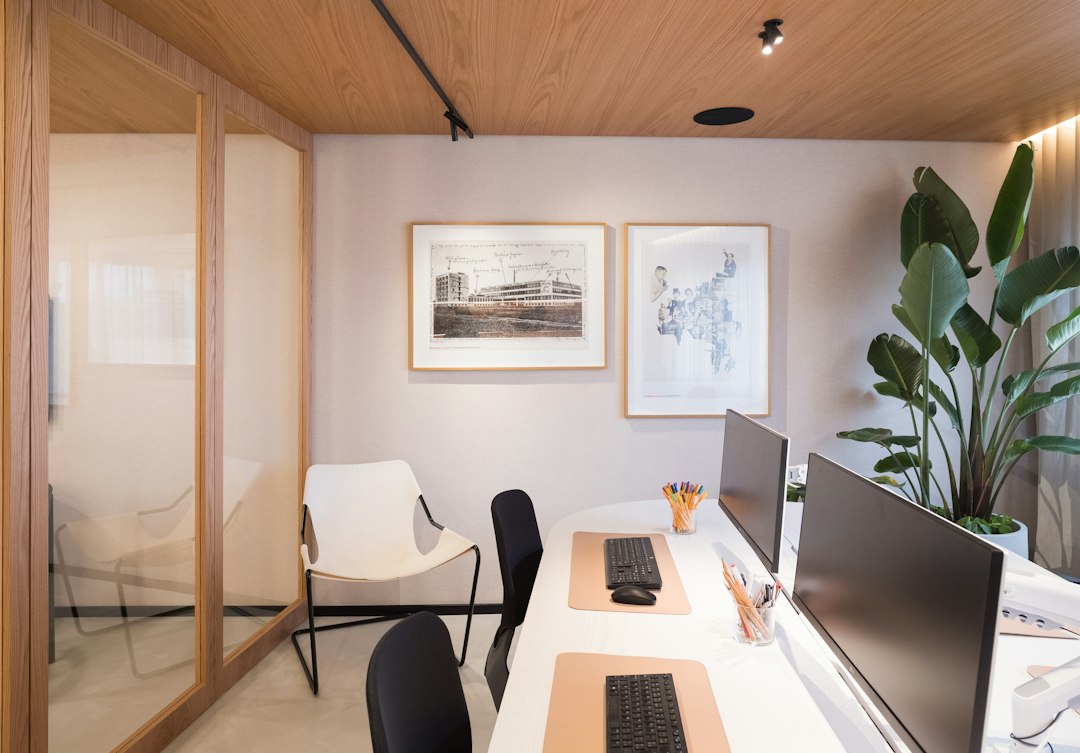 Modern office with computers and plants